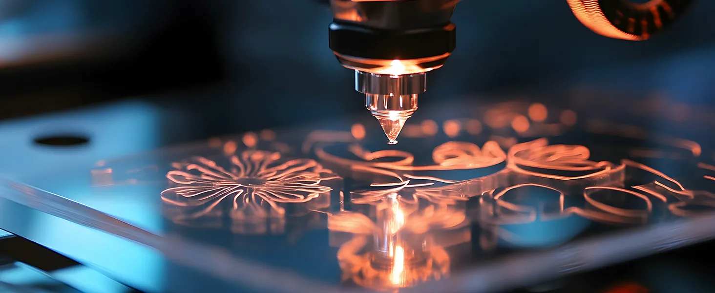 Lāzera vai CNC gravēšanas galva strādā uz caurspīdīgas akrila loksnes ar dekoratīvu rakstu