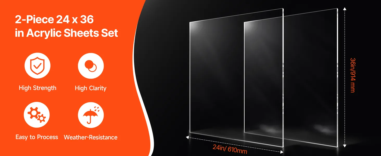 Divas caurspīdīgas akrila loksnes ar izmēra norādi 24 x 36 collas un 6 mm biezumu uz tumša fona