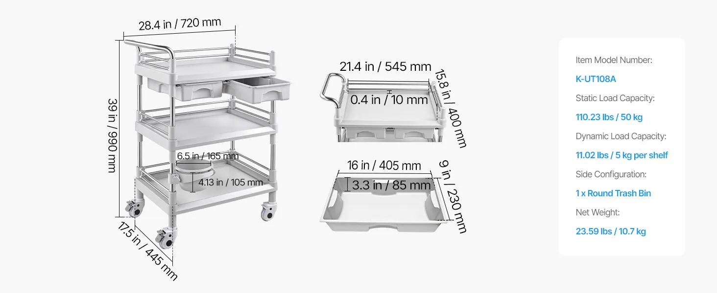 Medicīnas ratu izmēru tehniskais ar 28.4 x 17.5 x 39 in un modeļa K-UT108A datiem