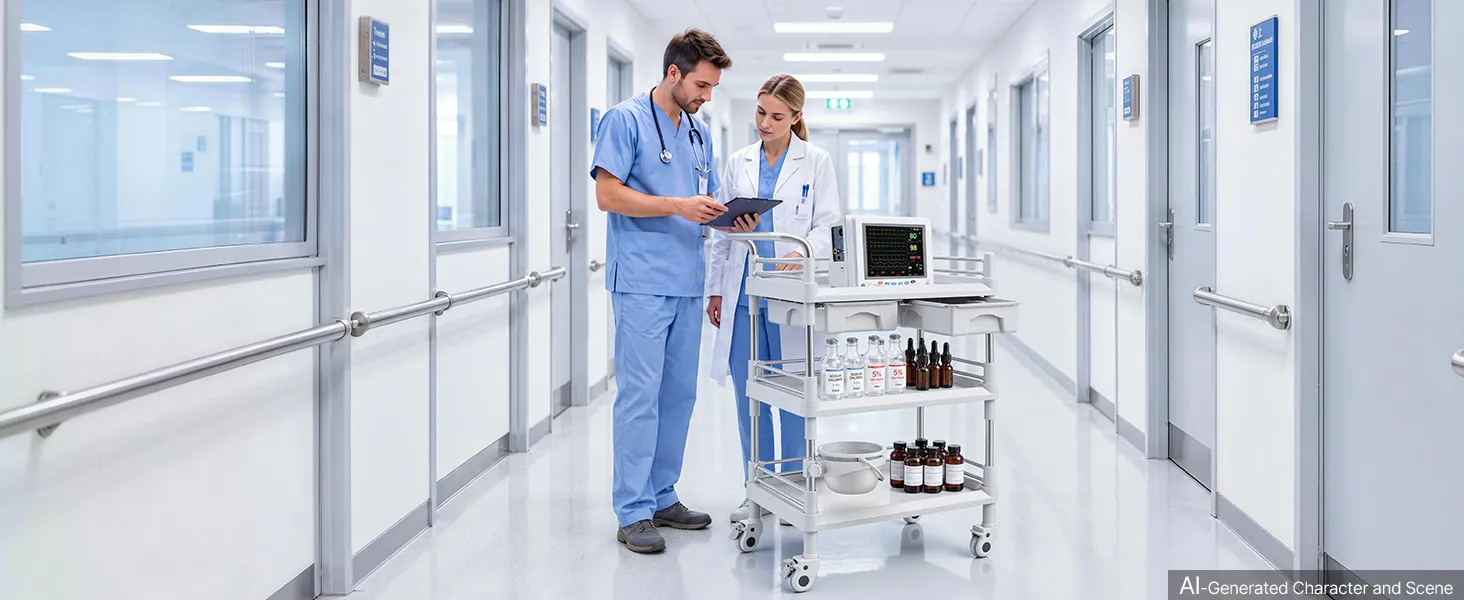 Medicīnas rati ar izmēru un modeļa shēmu, redzami 720 x 445 x 990 mm un 50 kg slodzes dati