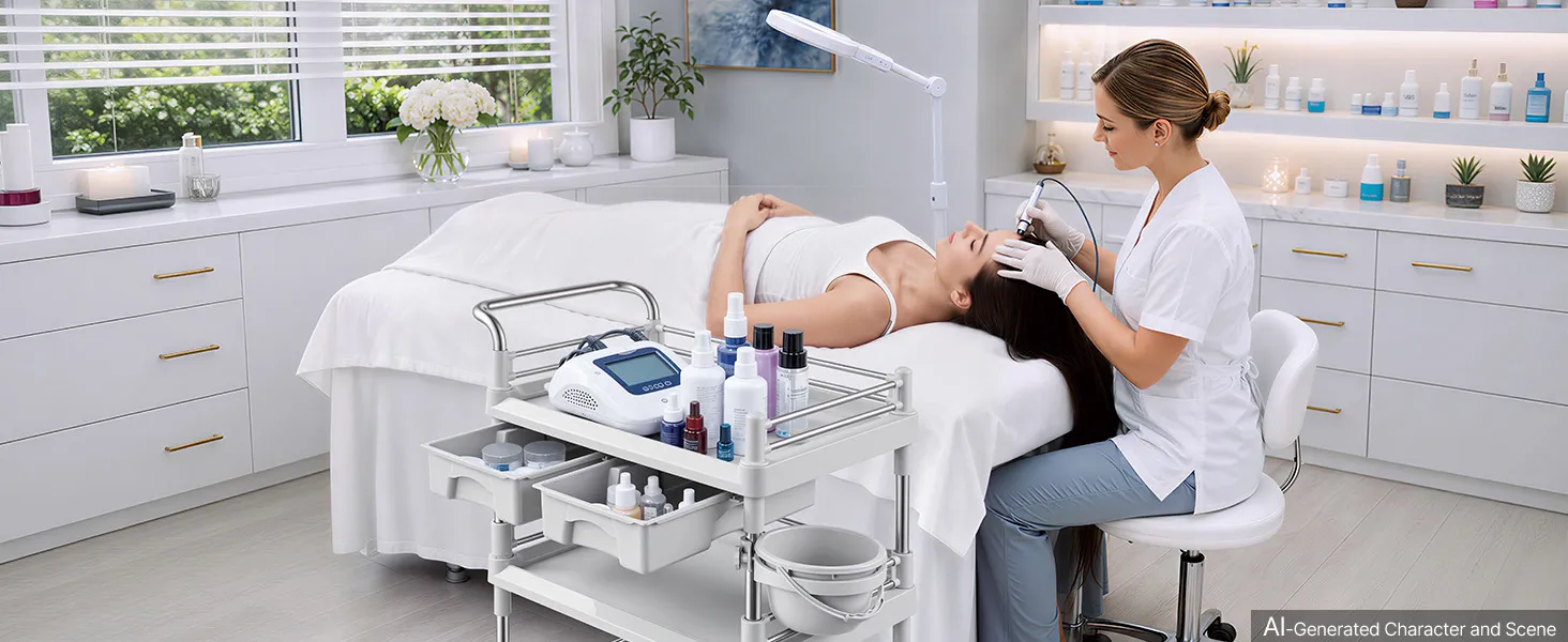 Medicīnas rati ar trim plauktiem un apaļu atkritumu konteineru, skatā no priekšpuses
