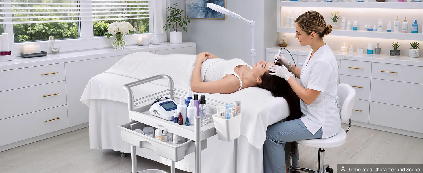 Medicīnas ratiņi ar paceltu galda malu un sānu uzglabāšanas kasti, redzami divi līmeņi un atkritumu tvertne.