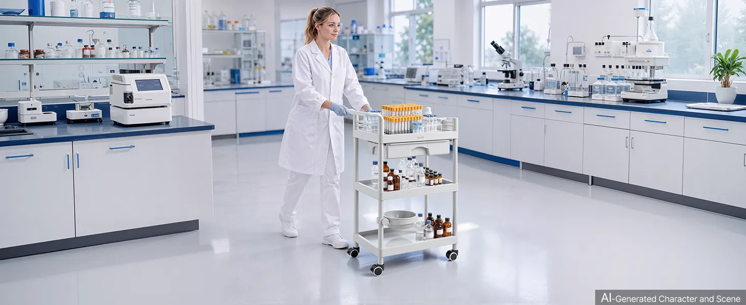 Medicīnas ratiņi laboratorijā ar testēšanas traukiem un aprīkojumu uz augšējā plaukta