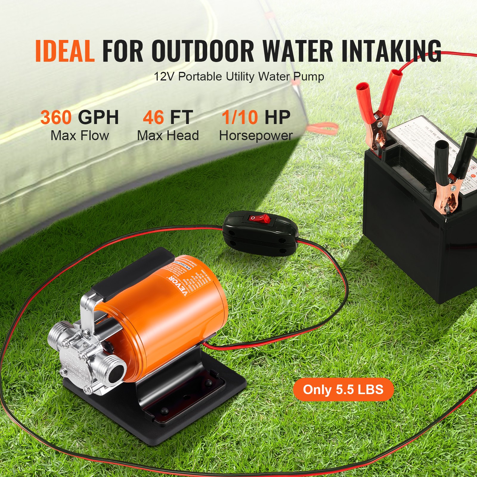 VEVOR 12V DC ūdens pārneses sūknis, 23 L/min, 75 W, ar 183 cm šļūteni