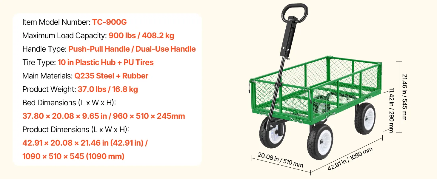 Dārza ratu tehnisko parametru ar modeli TC-900G, 900 lbs nestspēju, roktura tipu un izmēru shēmu