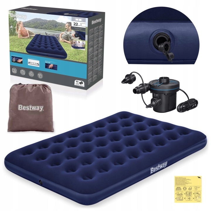 Bestway 67287 matracis ar iepakojumu, somu, elektrisko pumpi un vārsta tuvplānu